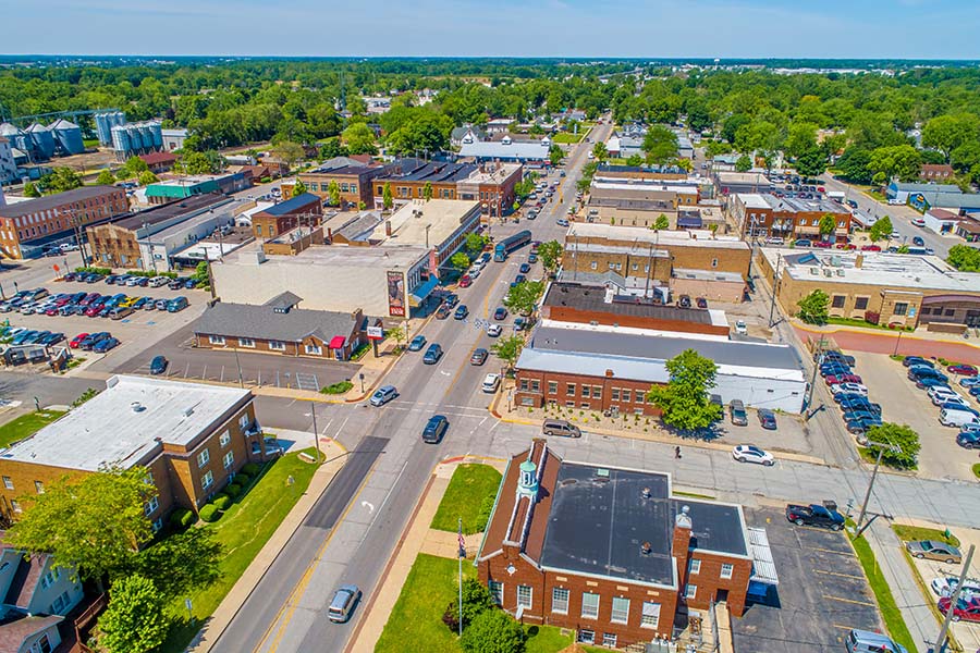 Marion OH - Aerial View Of Downtown Marion Ohio On Sunny Day